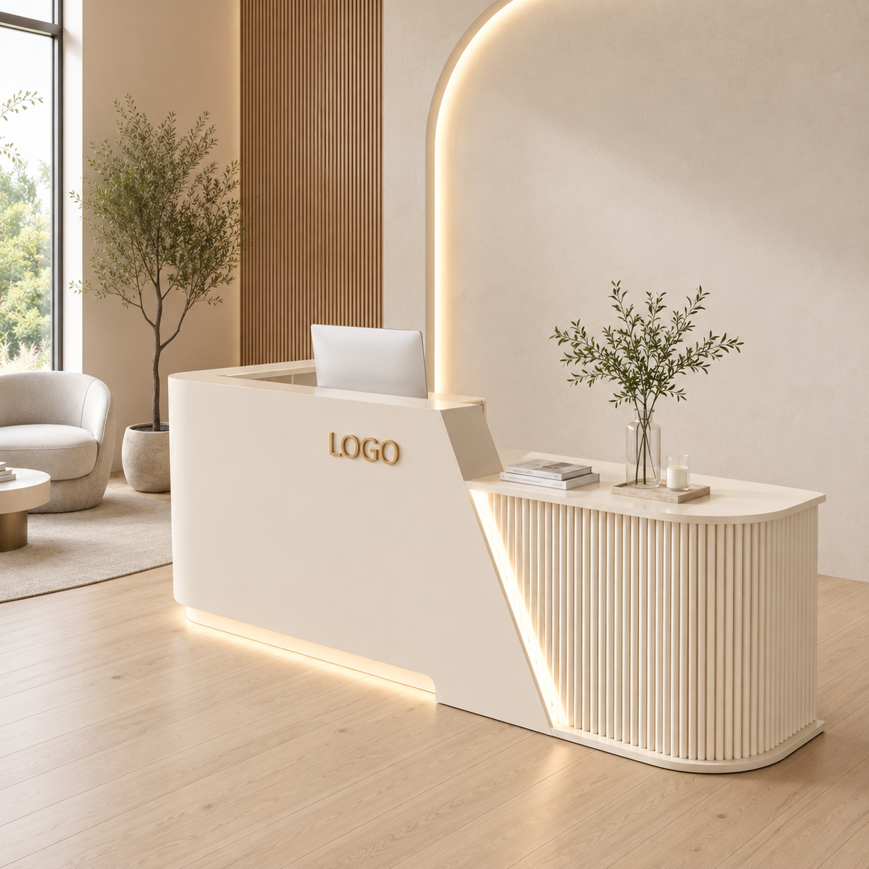 Modern Curved Fluted Reception Desk with LED Lighting and Custom Logo