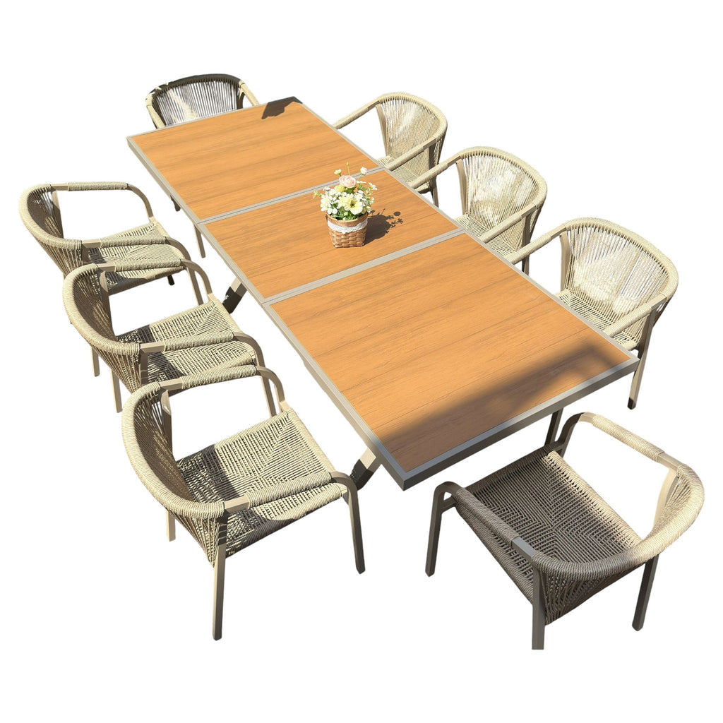 Outdoor Rope-Weave Dining Set With Timber-Look Table