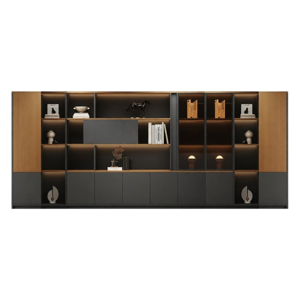 Modern Executive Office Storage Cabinet with Open Shelves and LED Display Lighting