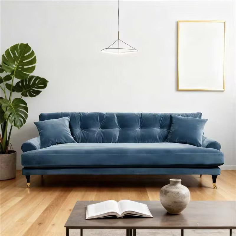 Velvet Sofa with Rolled Arms and Tufted Back