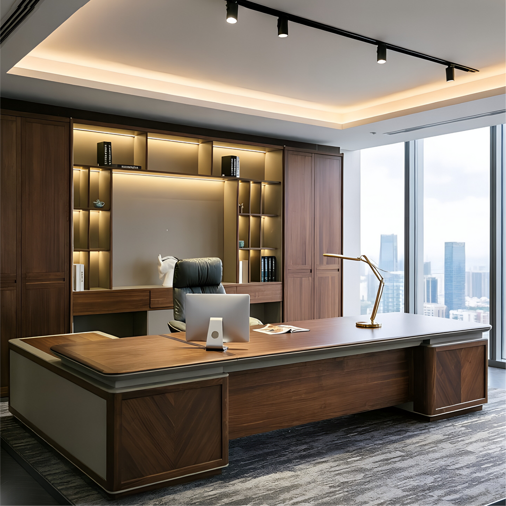 Modern Walnut Executive Desk with Side Credenzas