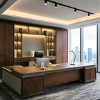 Modern Walnut Executive Desk with Side Credenzas