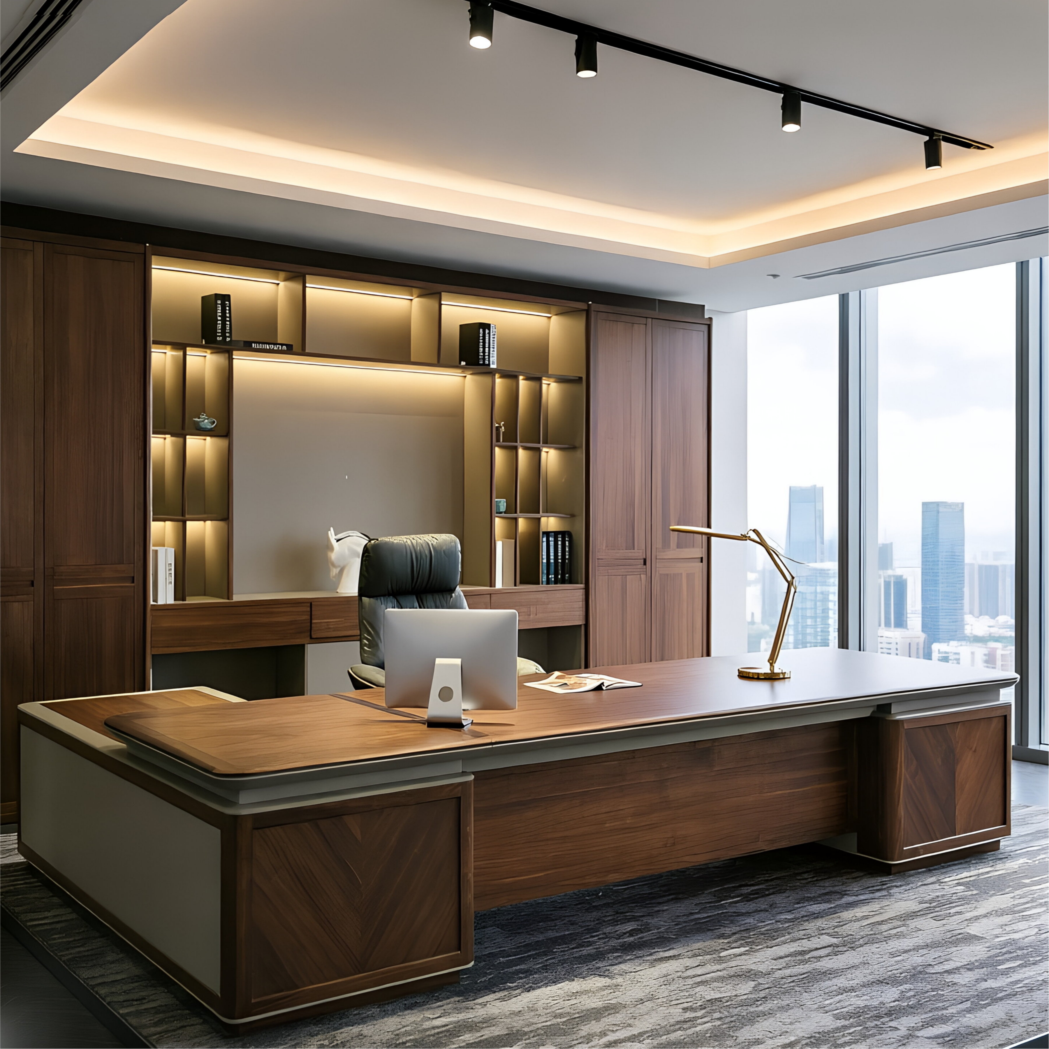 Modern Walnut Executive Desk with Side Credenzas