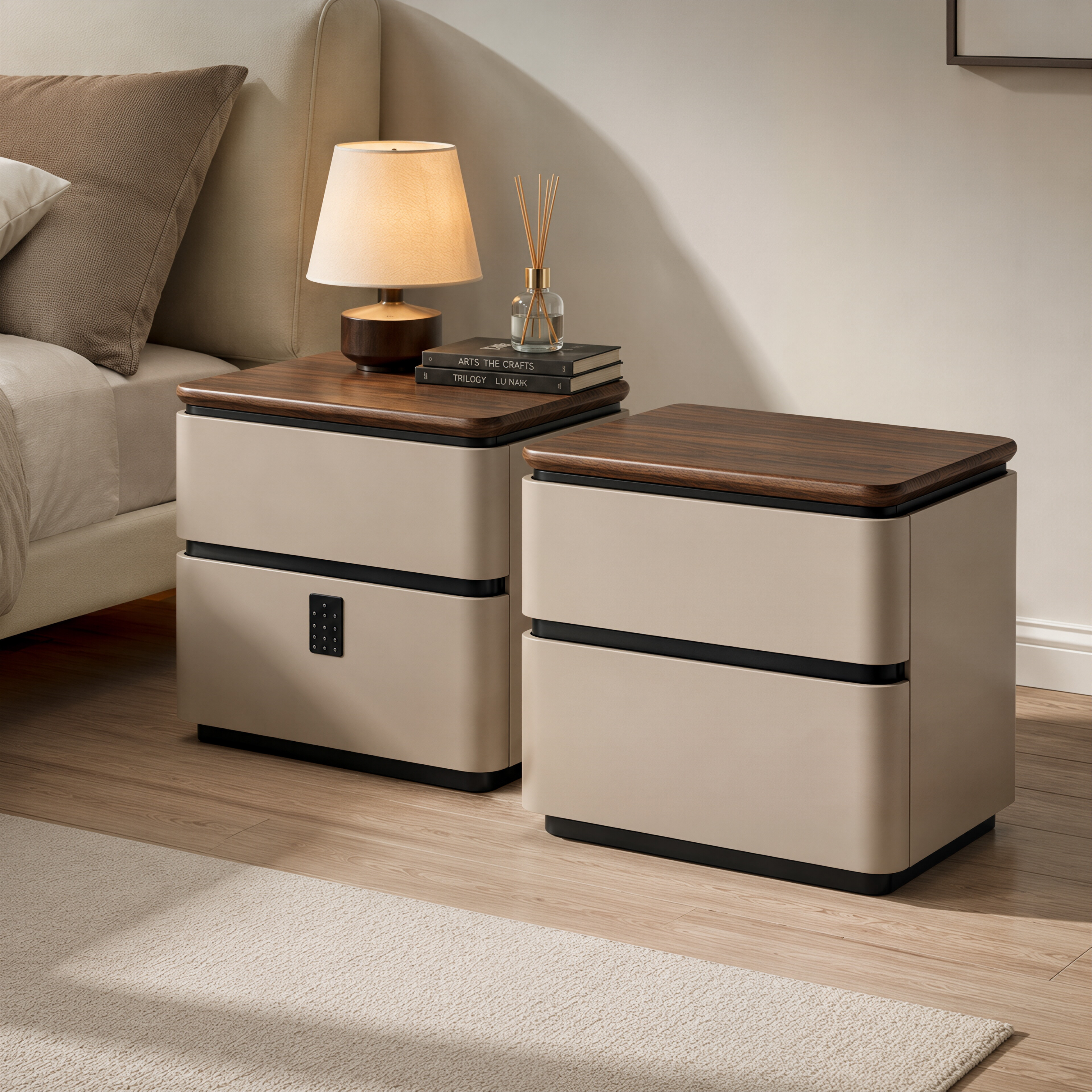 Modern Upholstered Bedside Table with Walnut Top and Two Soft-Close Drawers