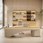 Modern Executive Office Desk with Curved Design, Integrated Storage and Smart Power Features