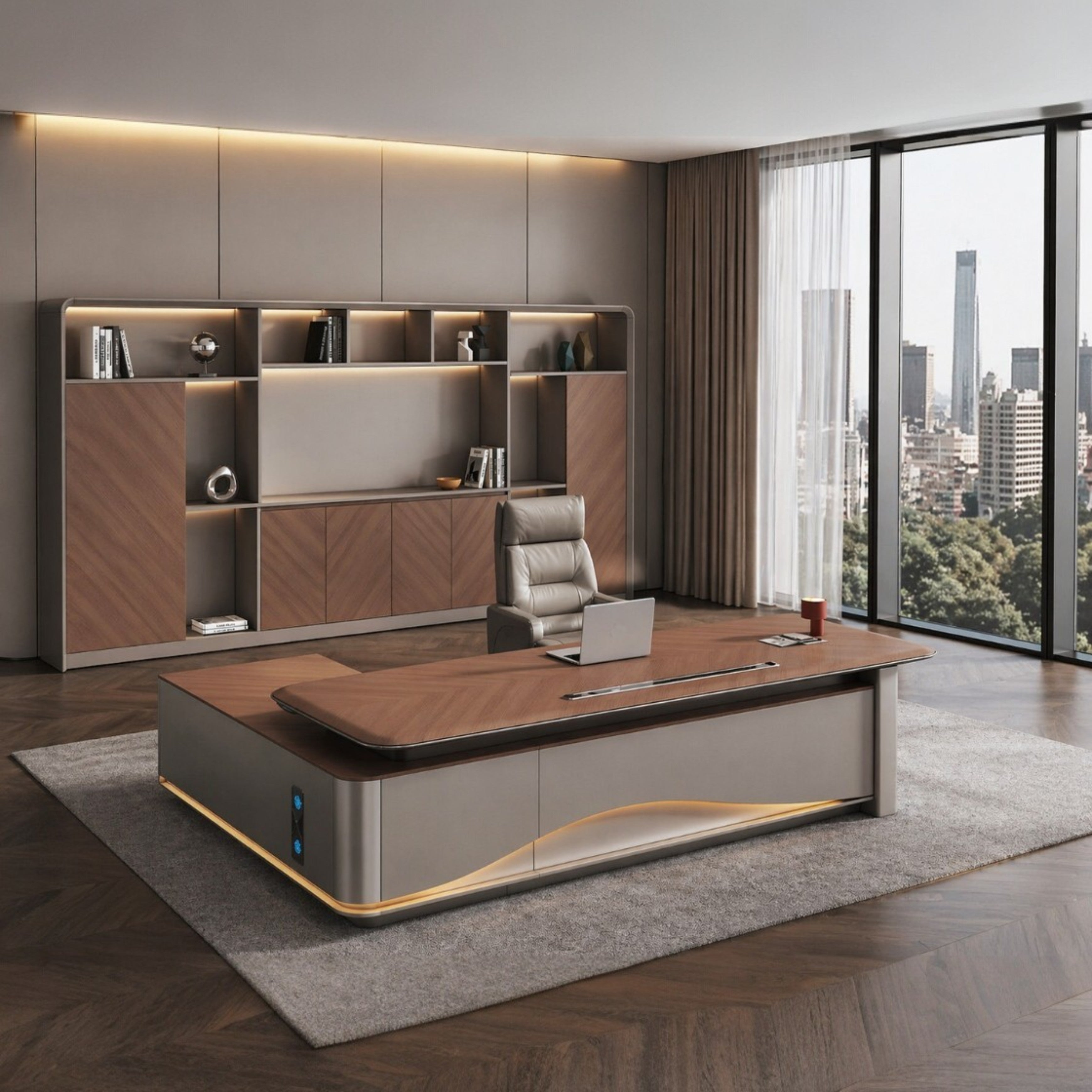 Luxurious L-Shaped Executive Desk with Integrated Wireless Charging Hub and LED Ambient Lighting