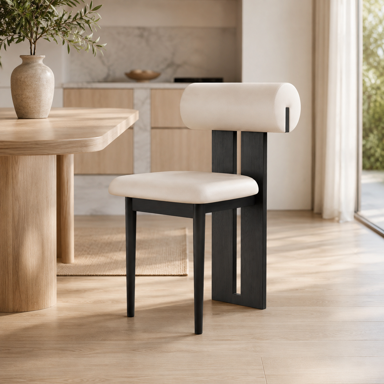 Modern Dining Chair with Upholstered Seat and Cylindrical Backrest