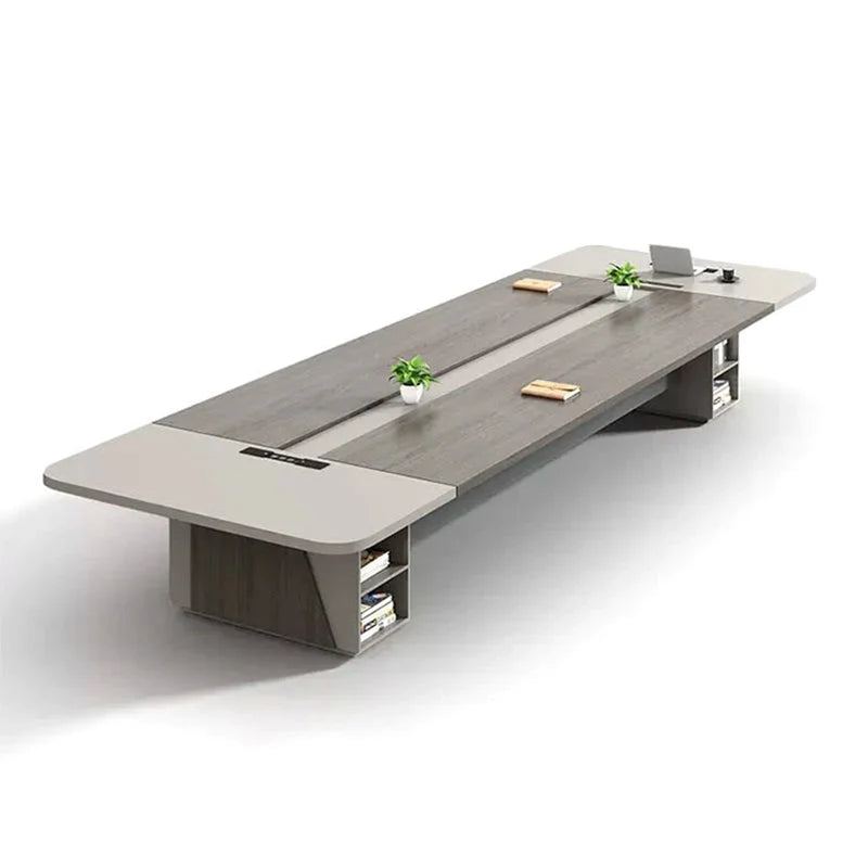 Modern Conference Table with Built-In Power Outlets and Storage Shelving