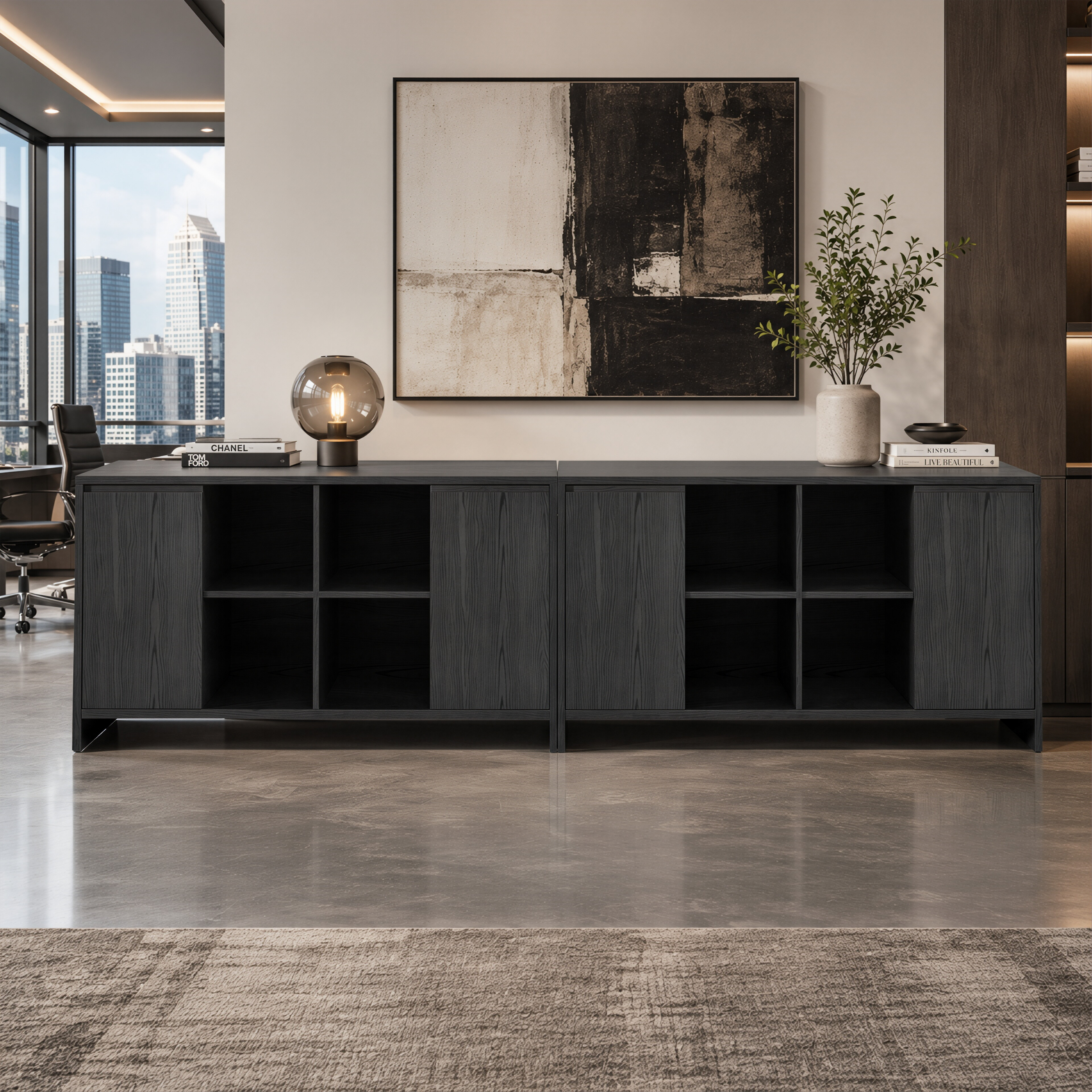 Executive Black Woodgrain Storage Wall Cabinet