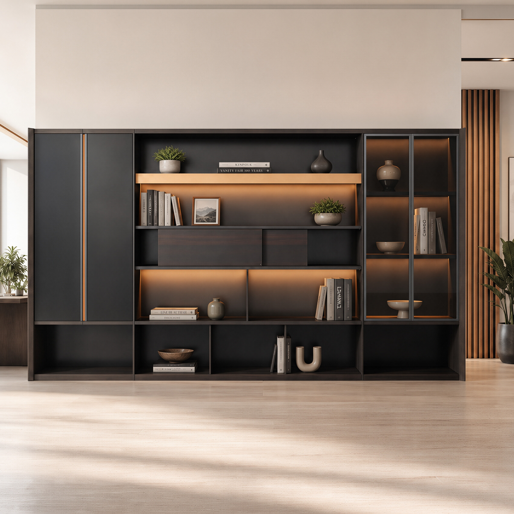 Modern Office Storage Cabinet with Illuminated Display Sections