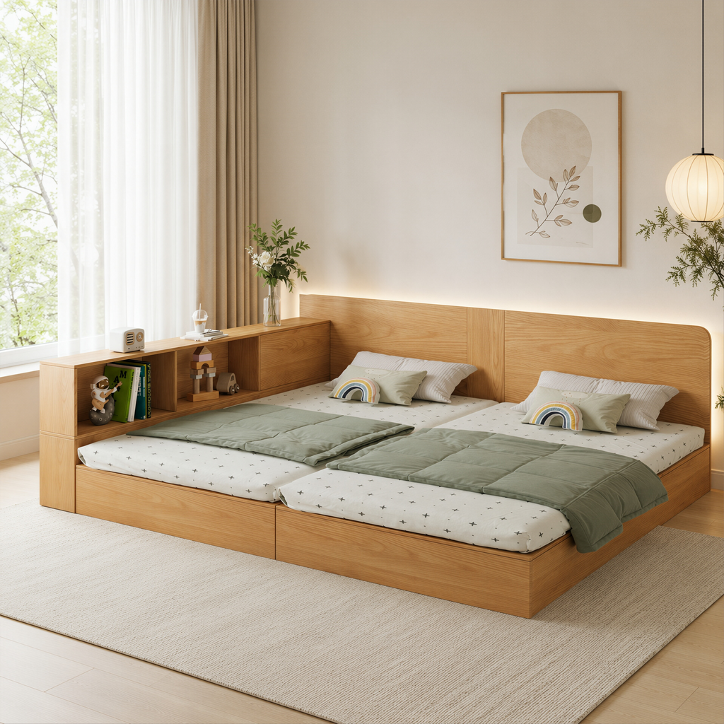 Natural Timber Twin Storage Bed with Divider Shelf
