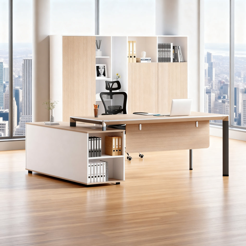 Linear Pro Executive Manager Desk - Light Oak Timber with Combined Side Credenza