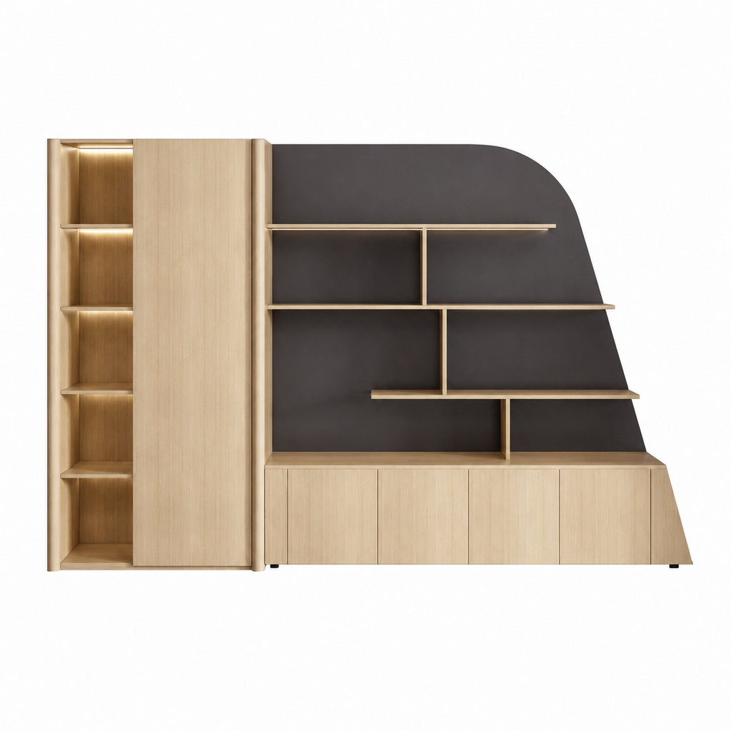 Curved Display Filing Cabinet with Integrated Wardrobe Storage