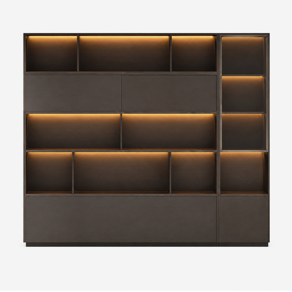 Executive Storage Wall Unit with LED Shelving and Wardrobe