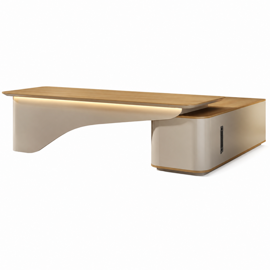 Modern Executive Office Desk with Curved Design, Integrated Storage and Smart Power Features