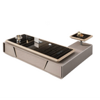Luxury Black Glass-Top Executive Desk with Lift Side Table and Fluted Front Panel
