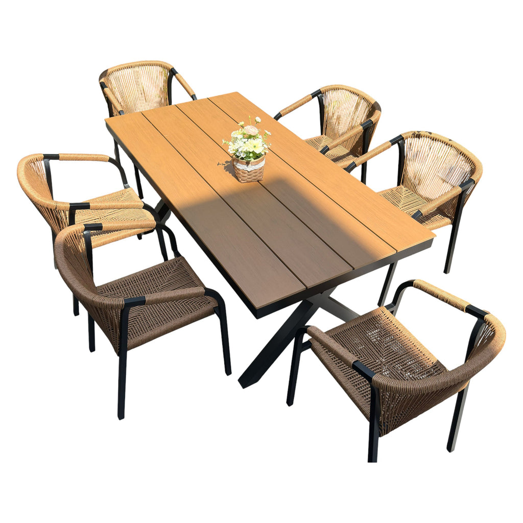 Outdoor Rope-Weave Dining Set With Timber-Look Table