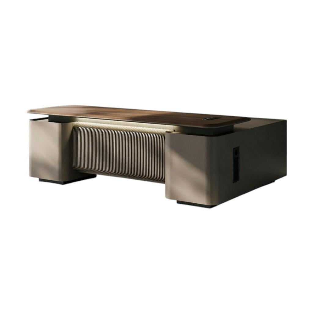 Modern Executive Desk with Matte Graphite Base and Timber Grain Top