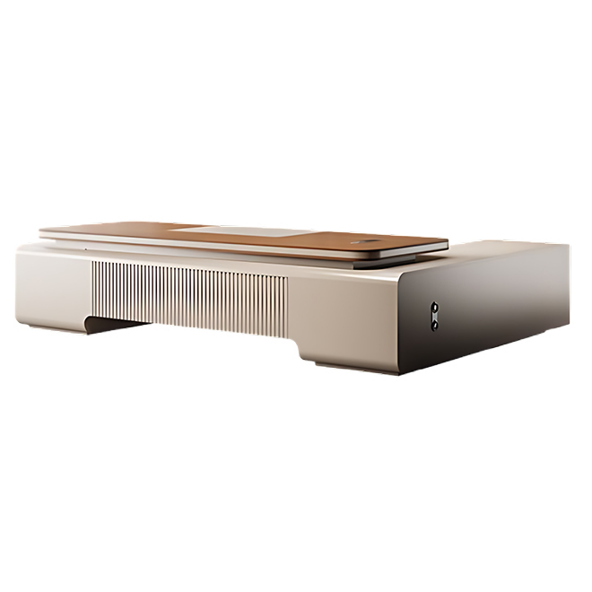 Contemporary Timber Executive Desk with Slatted Front and Matching Storage Wall