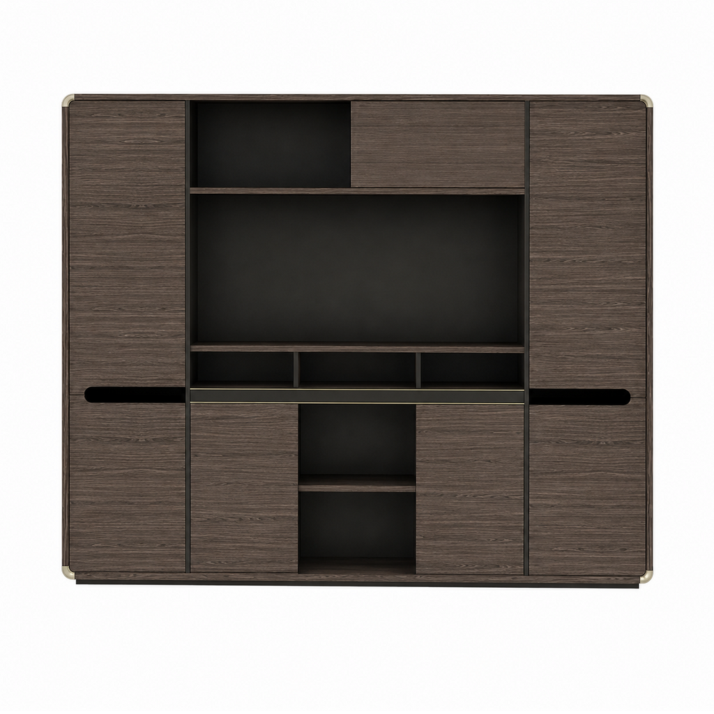 Executive Woodgrain Storage Cabinet with Rounded Corners and Display Shelves