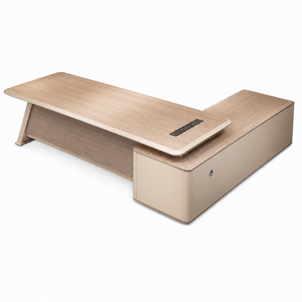 Modern Light Oak Executive Office Desk with Privacy Panel and Side Cabinet