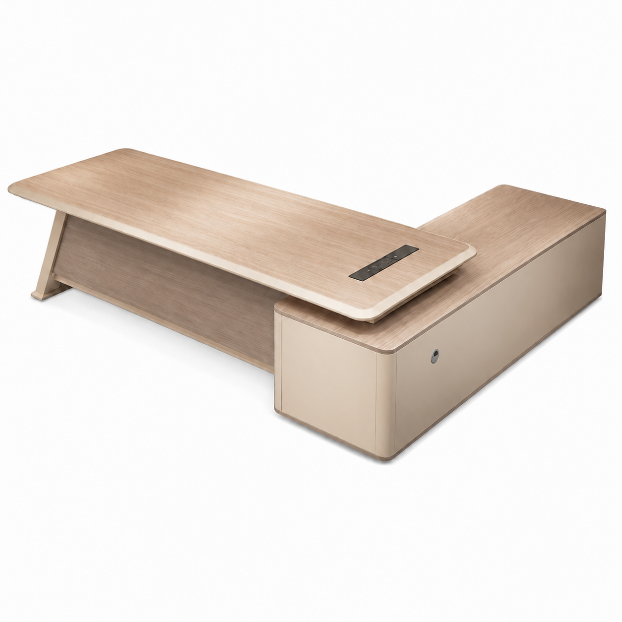 Modern Light Oak Executive Office Desk with Privacy Panel and Side Cabinet