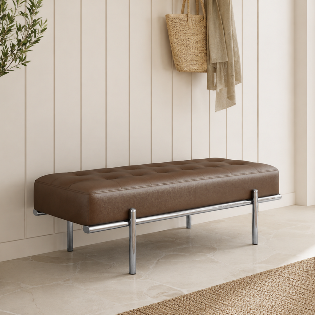 Modern Tufted Leather Bench with Stainless Steel Frame