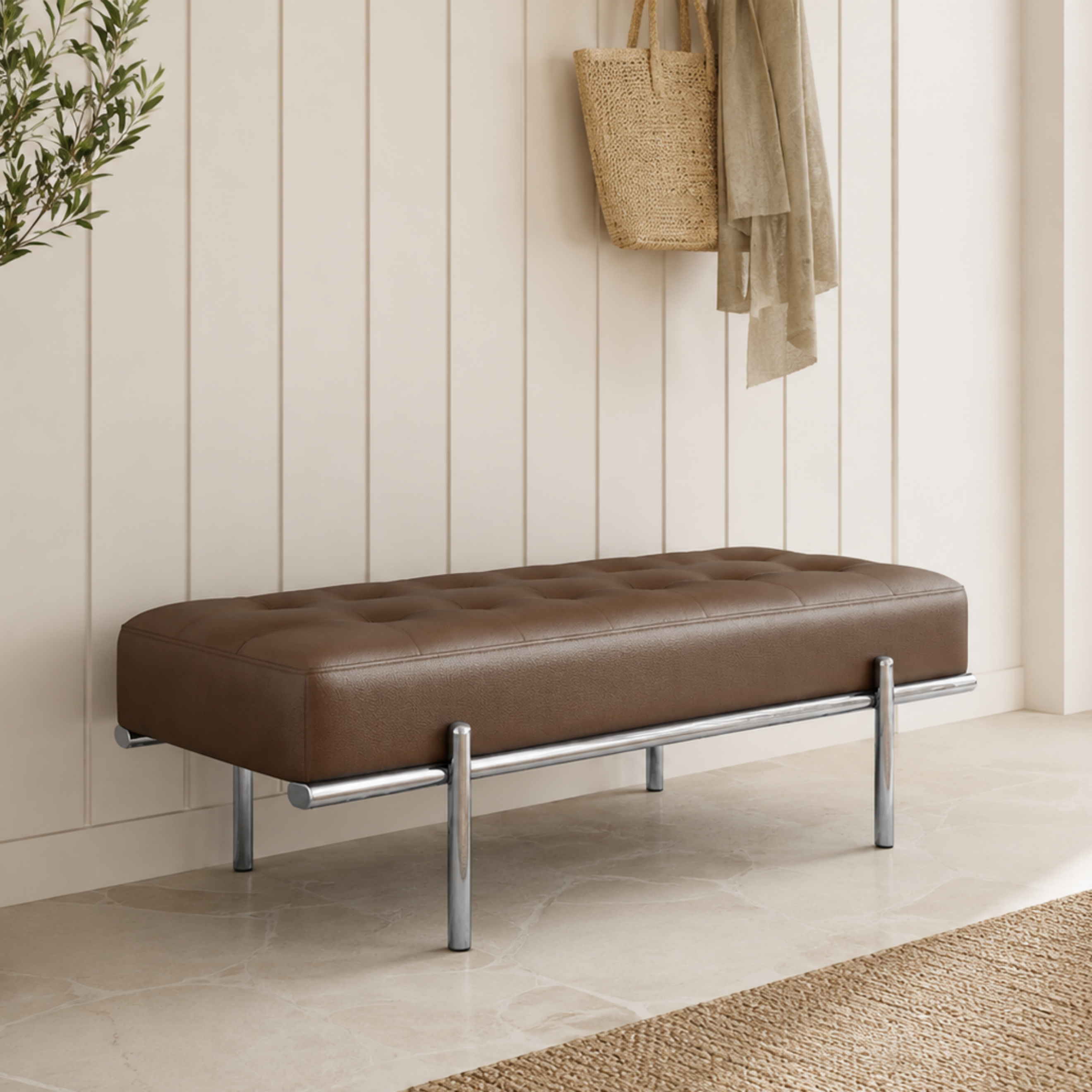 Modern Tufted Leather Bench with Stainless Steel Frame