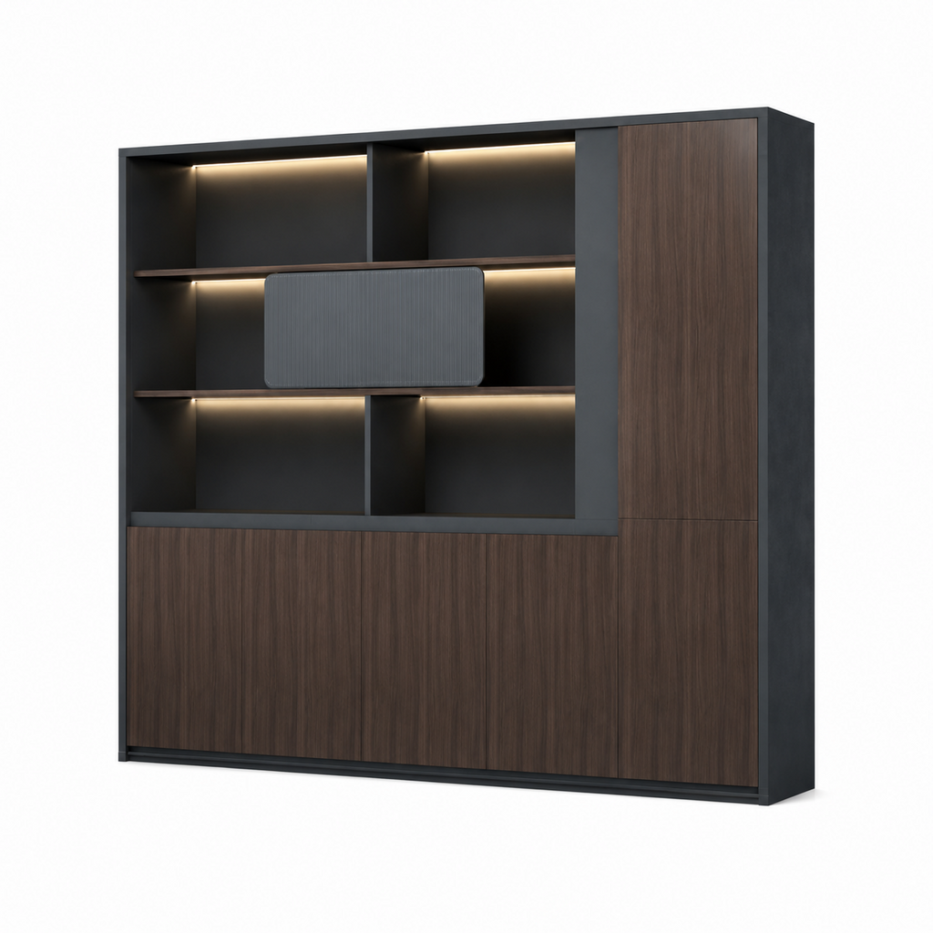 Dark Woodgrain Modern Executive Filing Cabinet with Glass Display Shelving