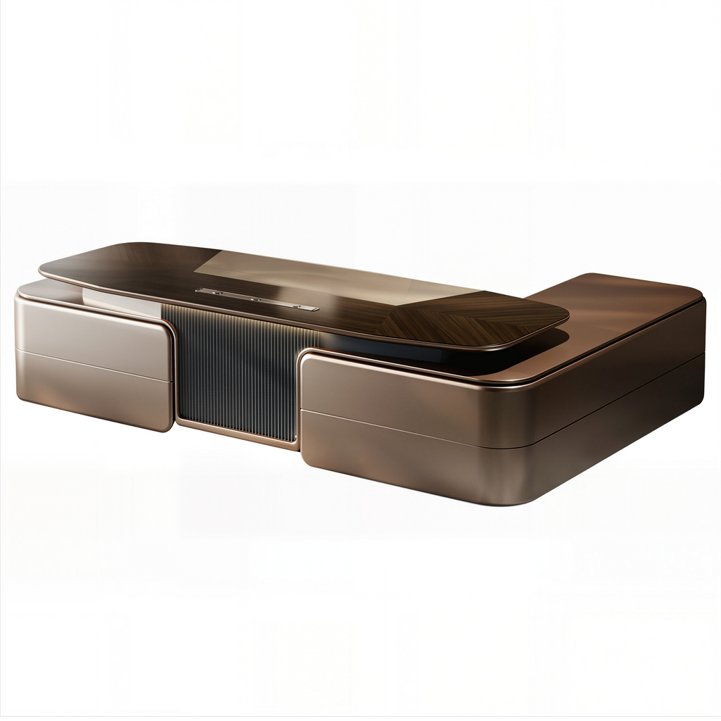 Walnut Executive Office Desk with Side Credenza, LED Ambient Panel and Cable Management