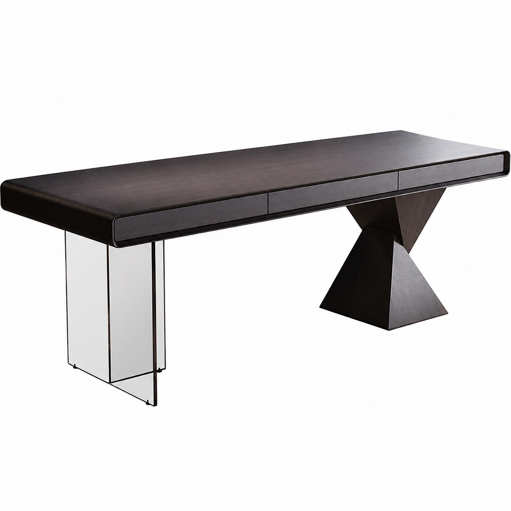 Modern Smoked Oak Executive Desk With Geometric And Acrylic Legs