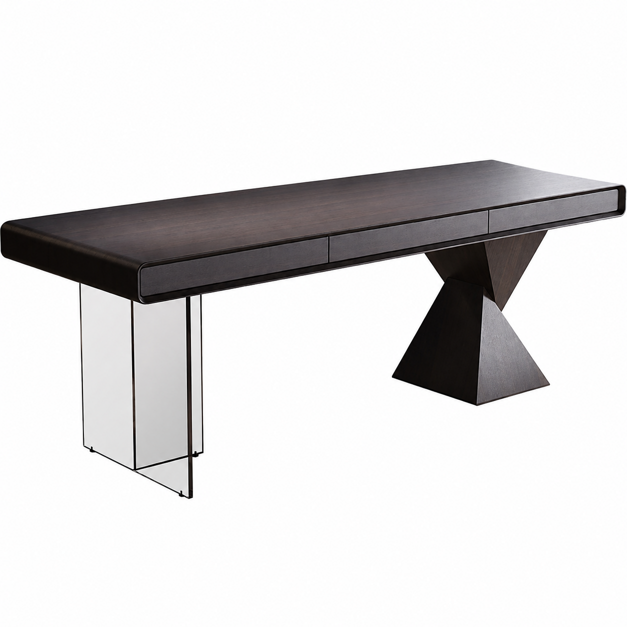 Modern Smoked Oak Executive Desk With Geometric And Acrylic Legs