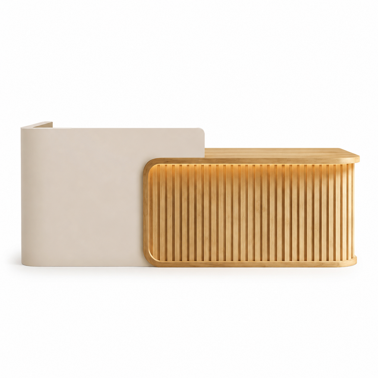 Luxury LED Reception Desk with Fluted Wood Grain Panels and Rounded Edges