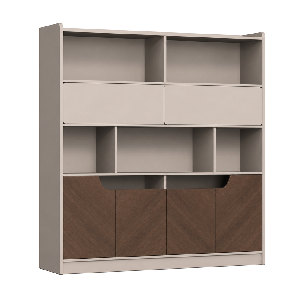 Modern Timber Storage Cabinet with Open Shelves and Glass Display
