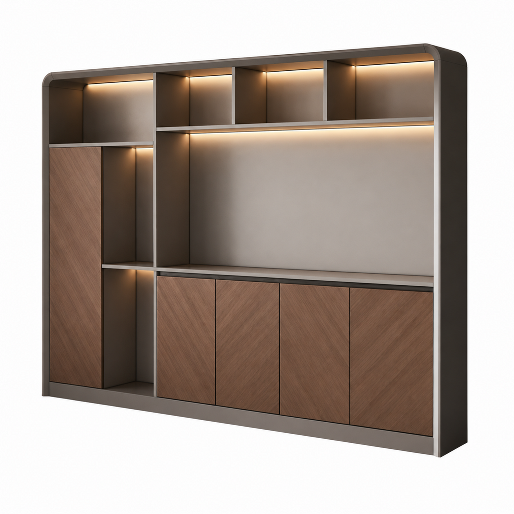 Curved-Frame Office Storage Wall Unit with LED Display Shelving