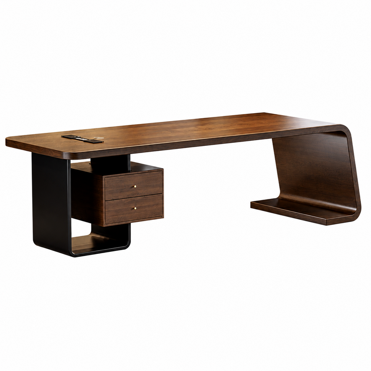 Premium Solid Wood Executive Office Desk with Curved Waterfall Design and Dual Drawers