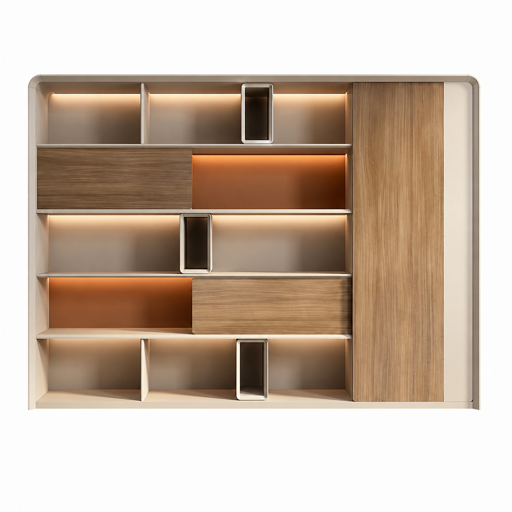 Modern Office Storage Cabinet with LED Lighting and Sliding Doors