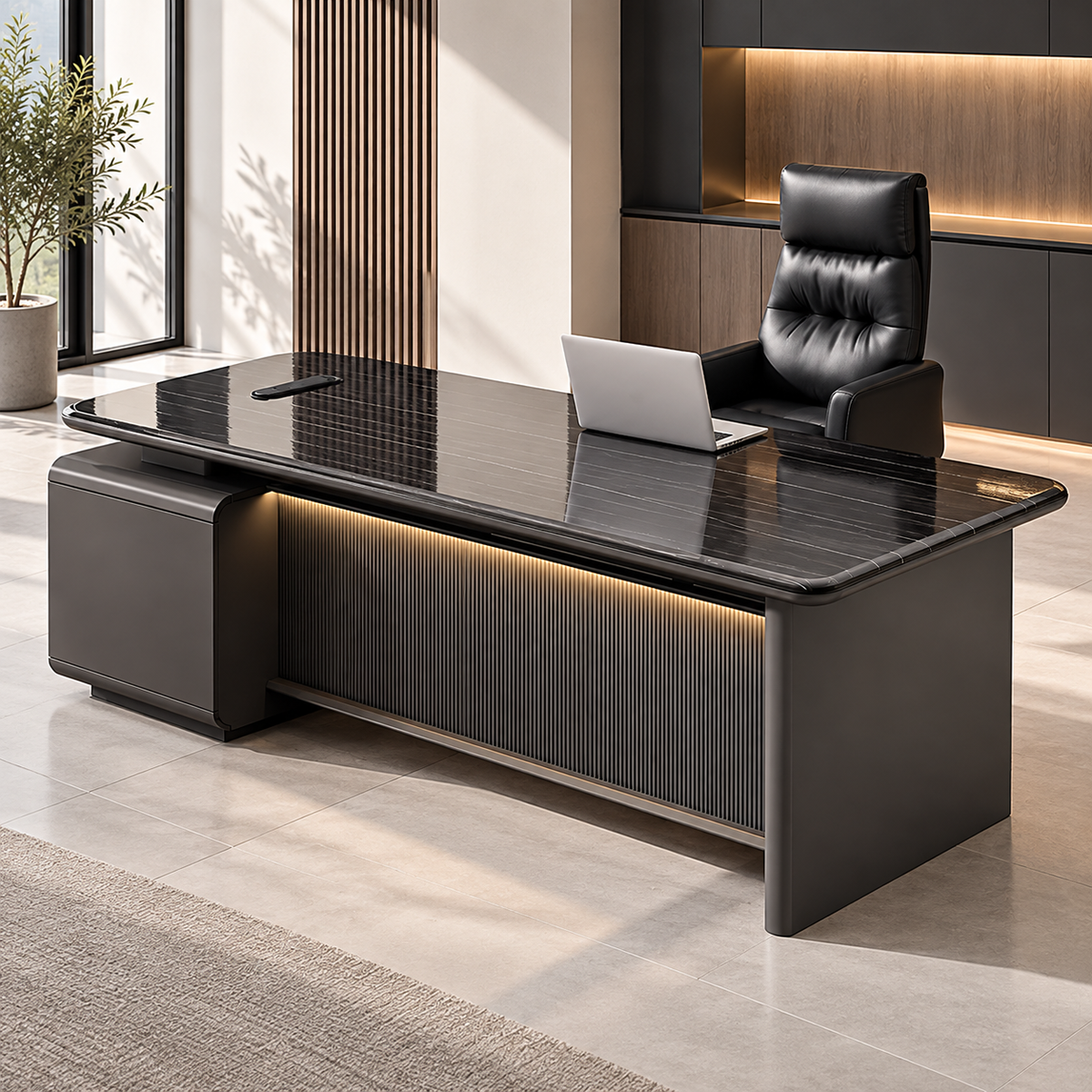 Modern Executive Office Desk with LED, Lockable Storage and Cable Management