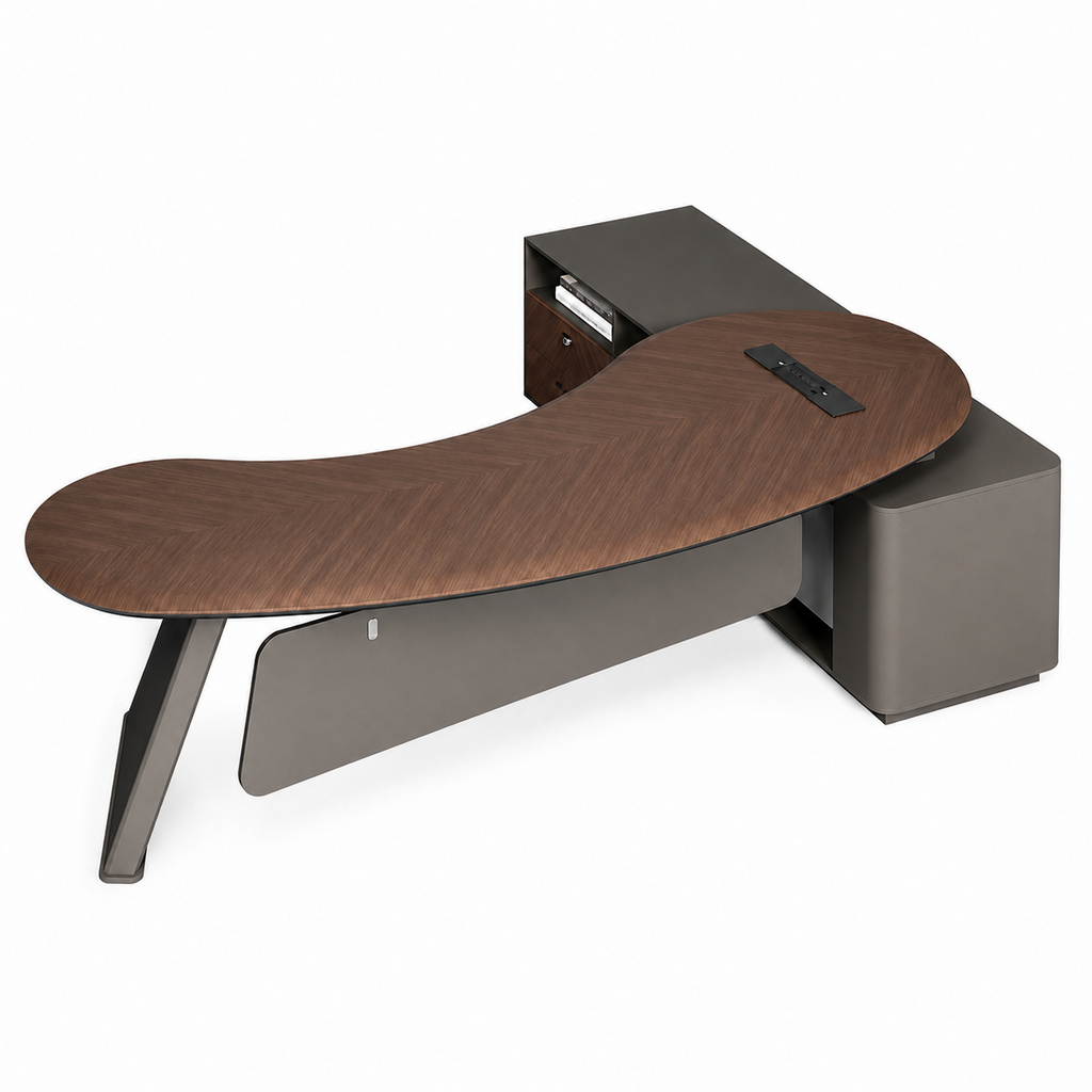 Modern Curved Executive Desk with Side Storage and Concealed Cable Management for Private Offices