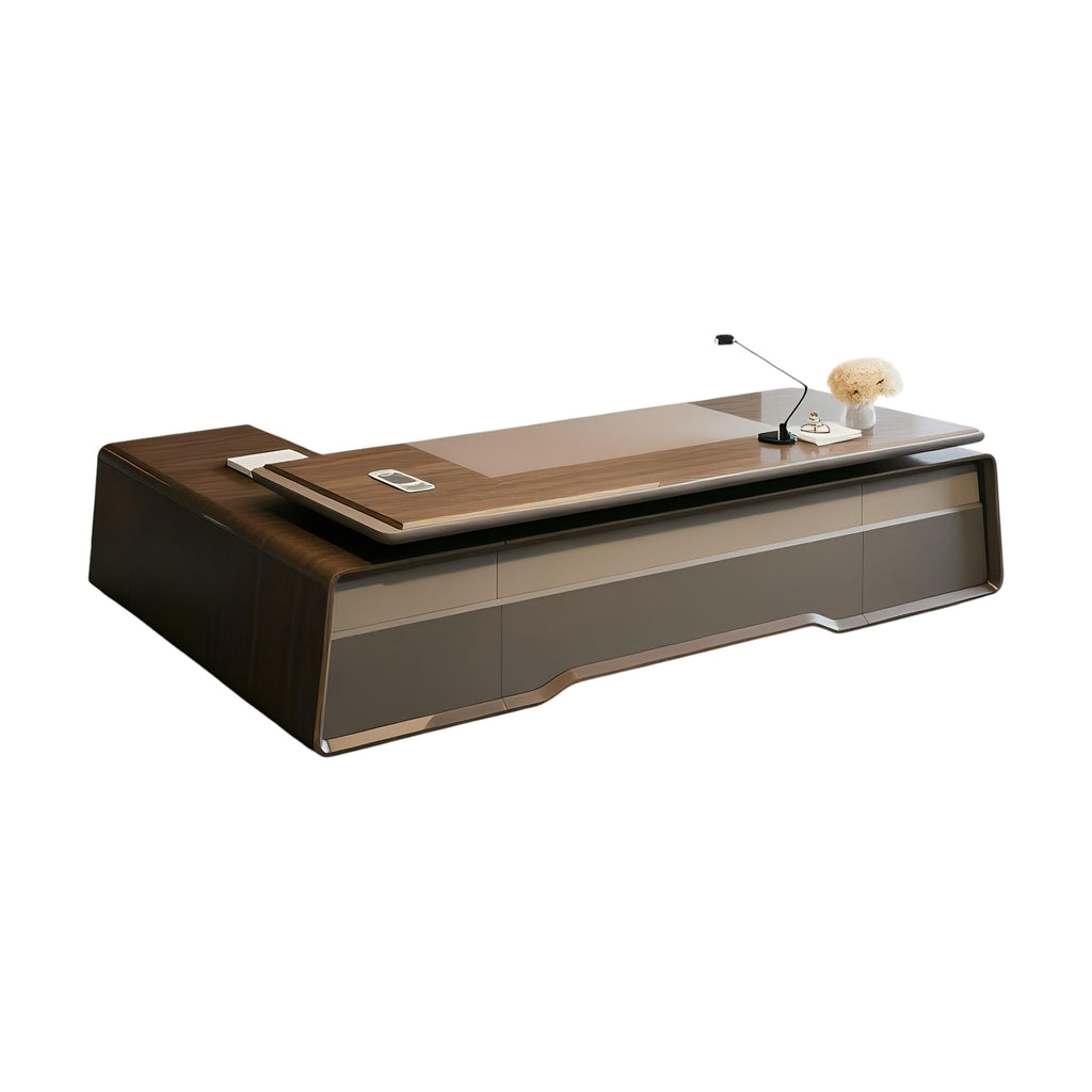 Luxury L-Shaped Executive Desk with Leather Wrapped Panels and Beveled Edge Detailing