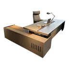 Premier L-Shaped Executive Desk with Floating Walnut Desktop and Linear Slat Storage