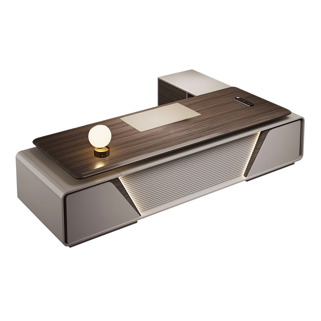 Modern Executive Desk With LED Accent Panel, Integrated Storage Credenza And Rounded Corners