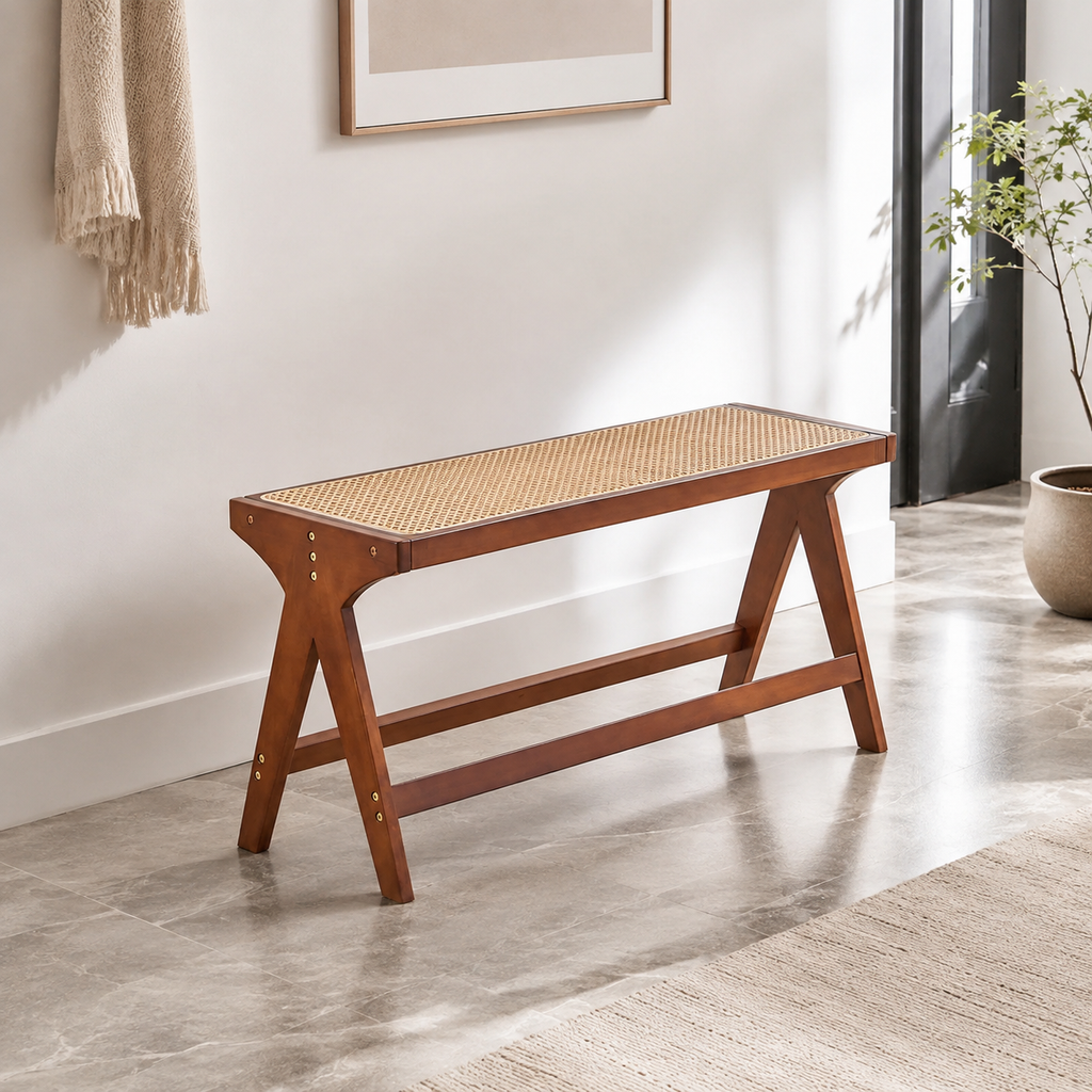 Modern Bamboo Bench with Curved Woven Seat and Inverted V Legs