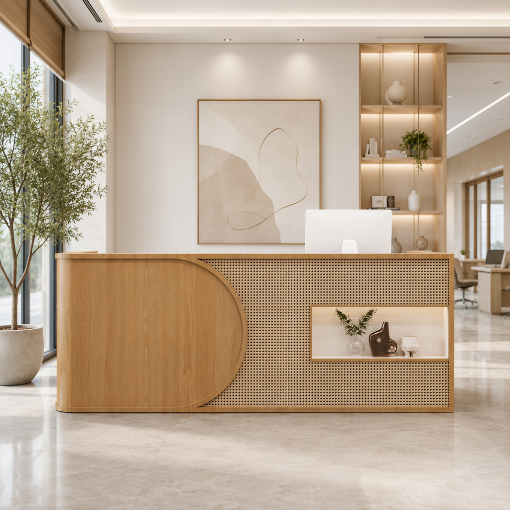 Curved Rattan Reception Desk with Display Shelf