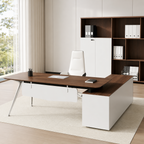 Modern Executive Desk with Walnut-Style Worktop, Privacy Panel and Chrome Tapered Legs