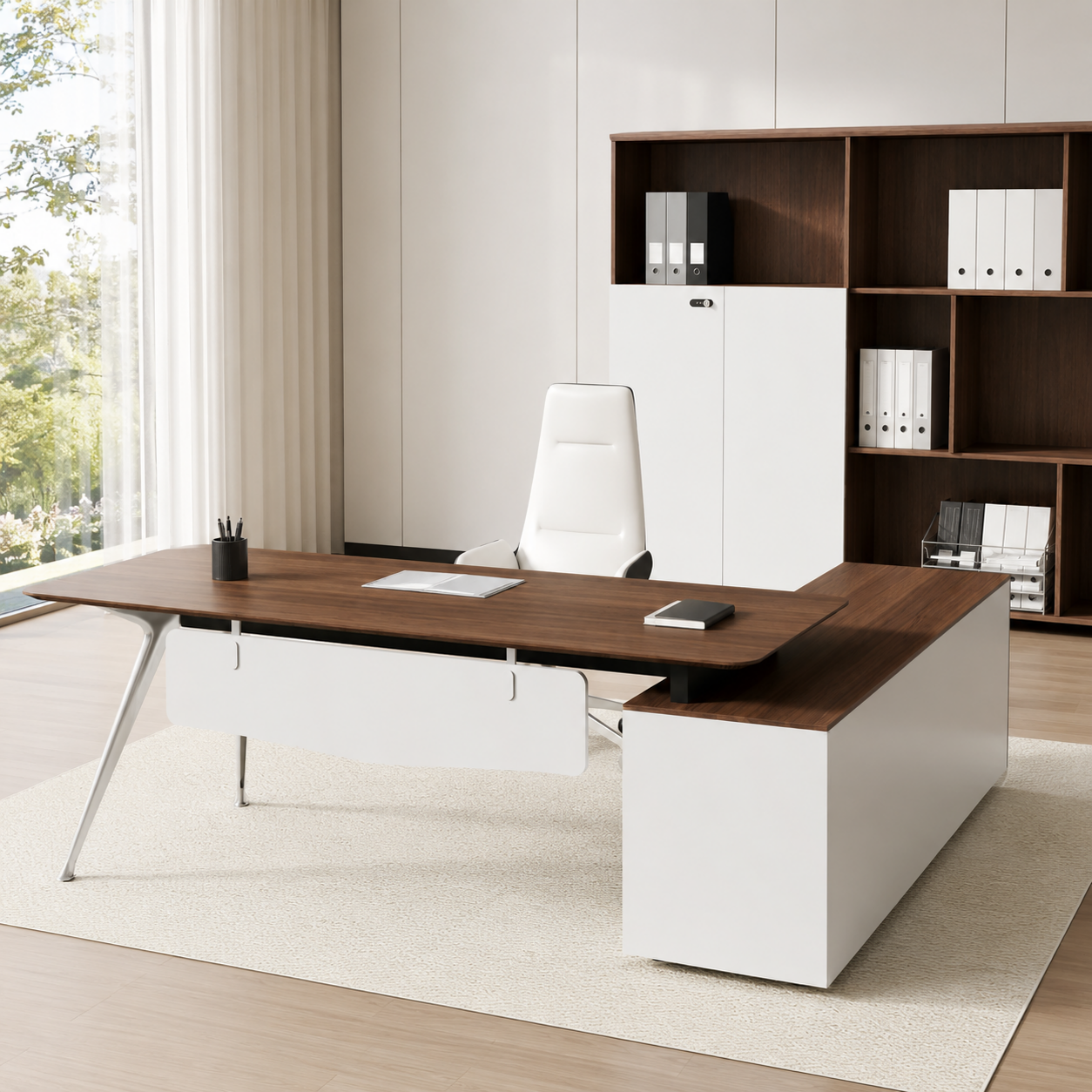 Modern Executive Desk with Walnut-Style Worktop, Privacy Panel and Chrome Tapered Legs