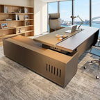 Premier L-Shaped Executive Desk with Floating Walnut Desktop and Linear Slat Storage