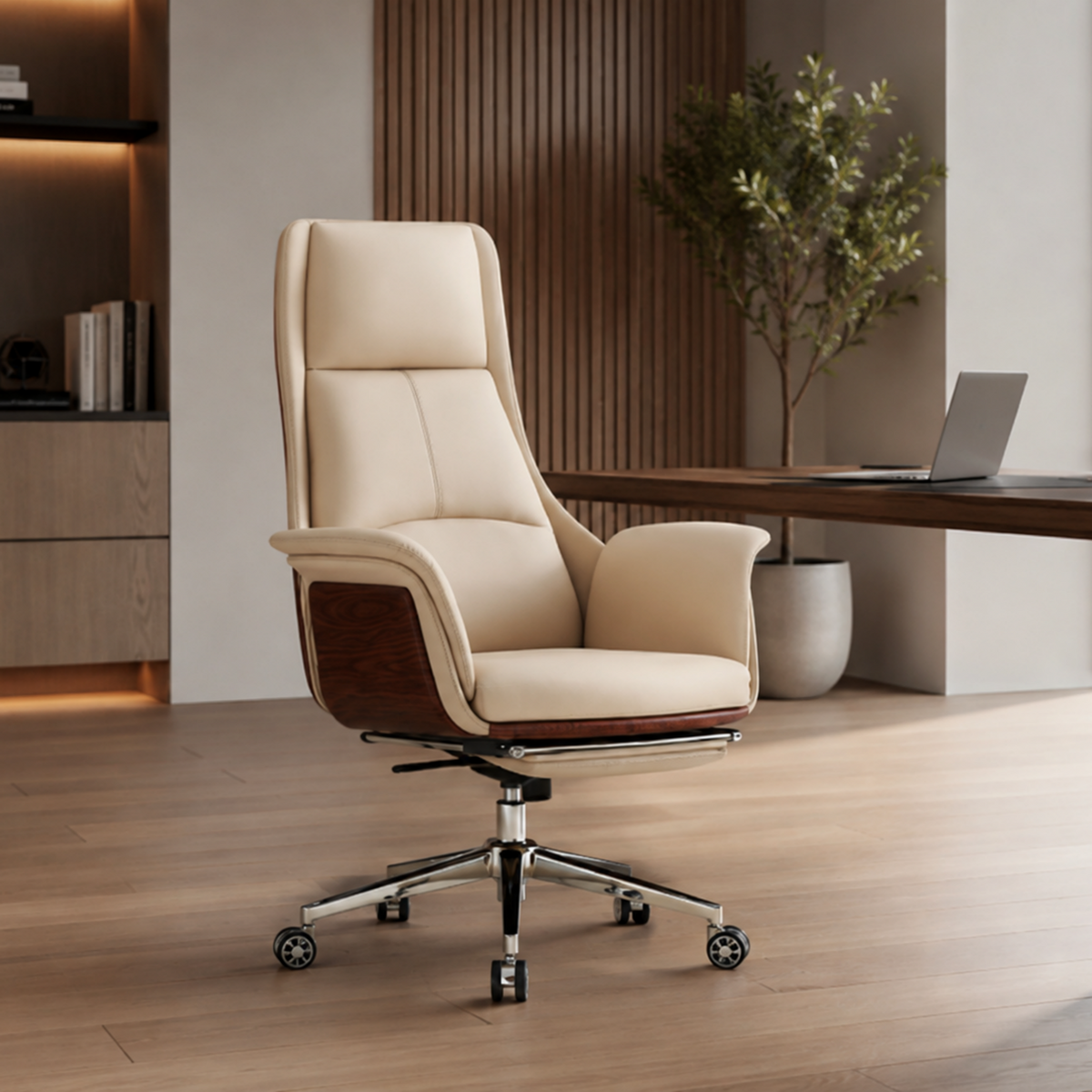 Modern High-Back Executive Office Chair with Reclining Footrest and Headrest