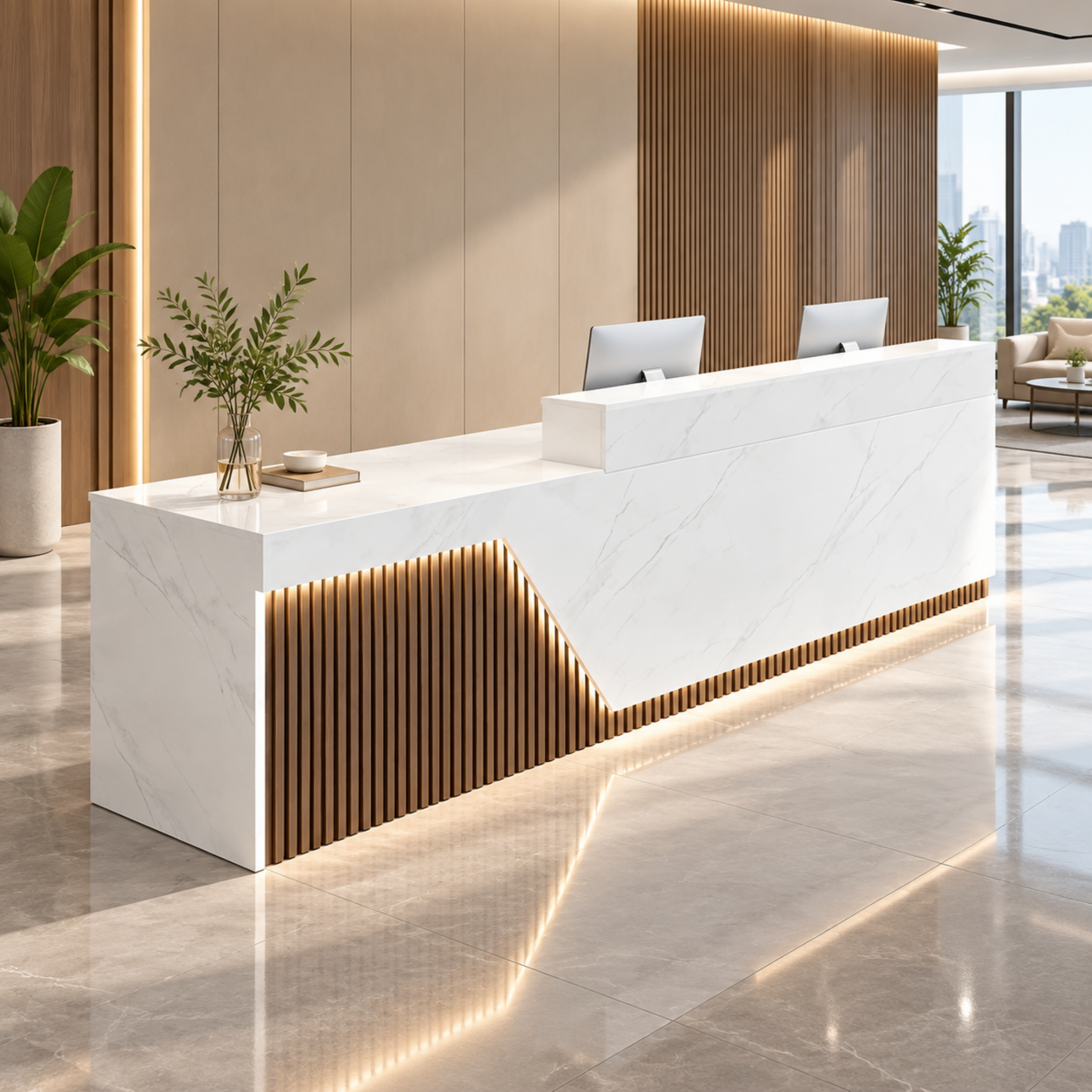 Modern White LED Reception Counter with Fluted Front Panel