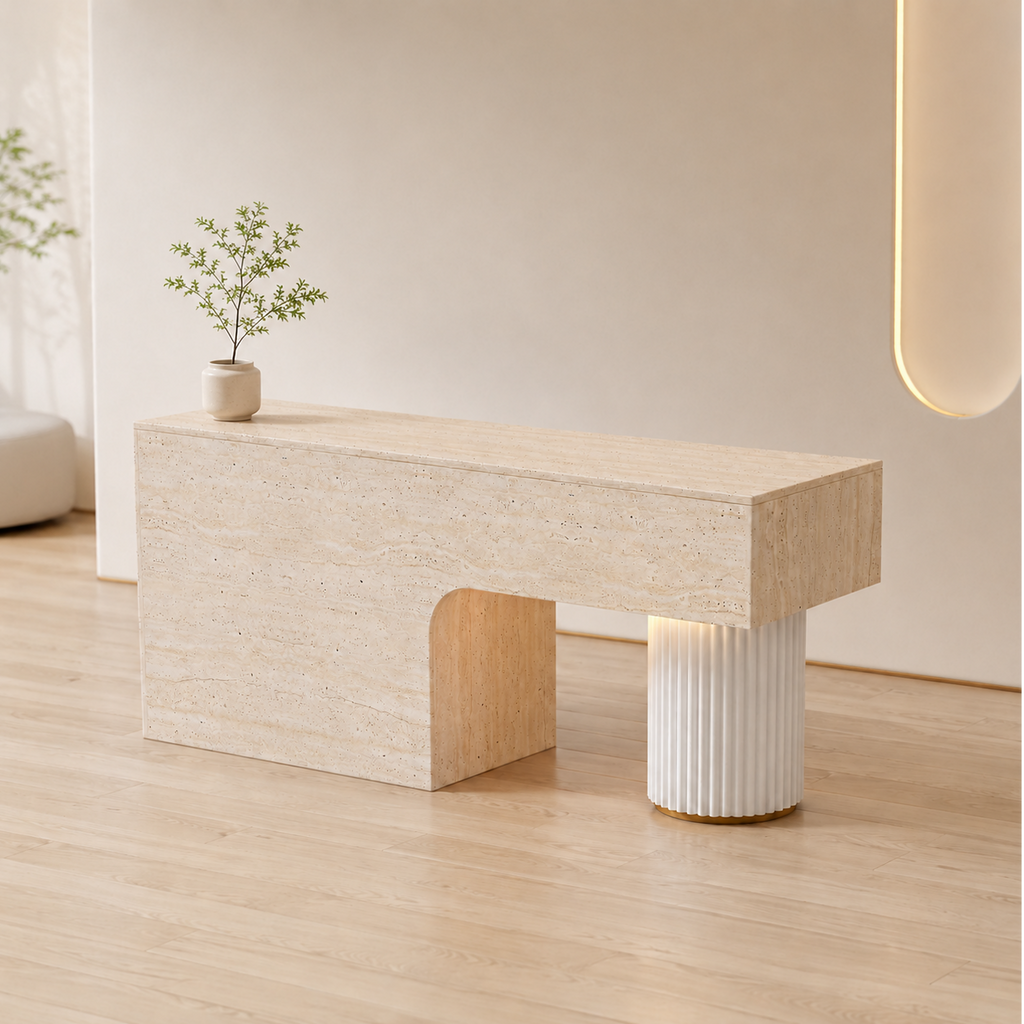 Travertine-Look Reception Desk with Fluted Column and LED Accent
